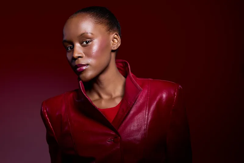Portrait of confident black woman with dark skin wearing shiny red leather jacket against red background. Studio lighting highlights face and textured clothing. Concept for fashion and beauty.