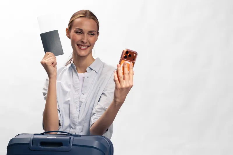 Smiling young woman holds passport and smartphone while standing next to suitcase. Concept of travel planning, vacation preparation, and modern tourism with positive mood and bright background.