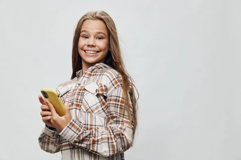 Girl with long hair wearing plaid shirt smiling and holding a yellow phone looking at camera on neutral background. Kid, technology, communication, and casual style portrait.