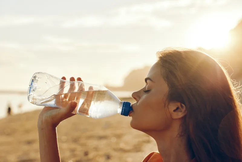 Woman drinking water for hydration outdoors in sunlight, holding a clear plastic bottle, on a beach sand background, conveys healthy refreshment, heat prevention, fitness wellbeing concept