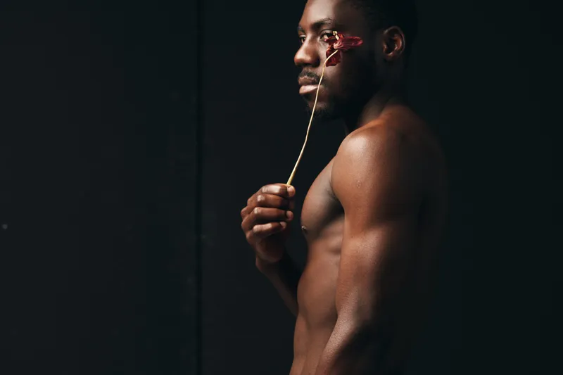 Creative visual designer style portrait of dark skinned African man holding dried flower near face with bare torso on black background in artistic concept.