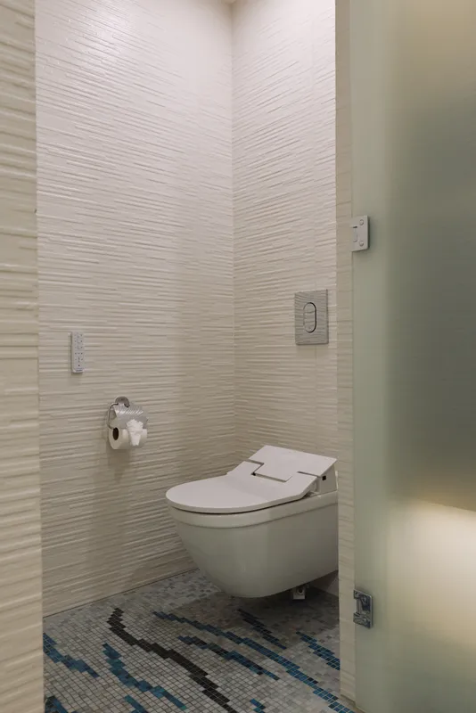 Modern toilet in a sleek bathroom with textured walls, wall mounted controls, and patterned tiles, creating a clean, minimal, private space and quiet ambiance for daily routines.
