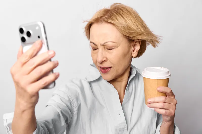 Blond mature woman does a selfie with smartphone while holding a coffee cup indoors, relaxed expression, close portrait, neutral gray background, soft light, casual shirt