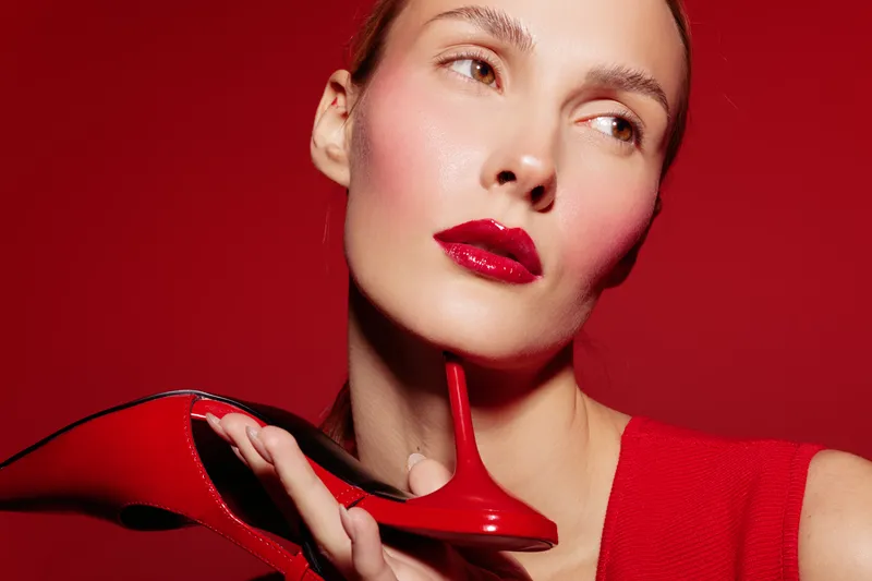 Close-up of a woman with glossy red lips holding a red high heel shoe near her face against a red background. Concept of fashion, beauty, and bold style.