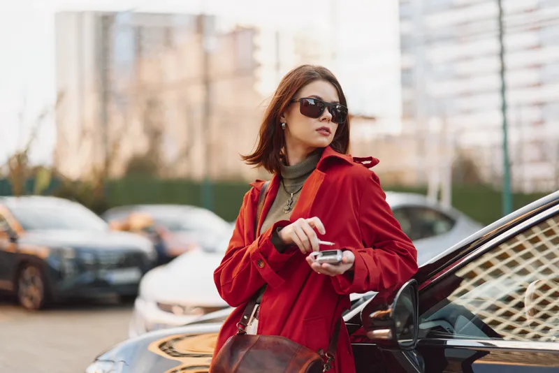 A stylish woman in a red coat adjusts her sunglasses beside a sleek car on a bright city street, emanating confidence and focus.