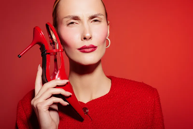 Close-up of confident woman in red sweater holding red high heel shoe near face on red background. Concept of fashion, style, elegance, and bold color contrast in studio lighting.