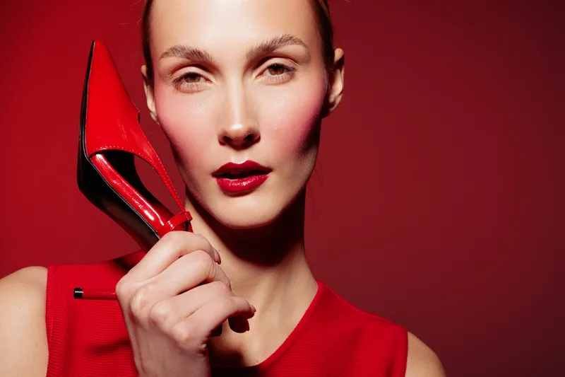 Close-up of a woman in red dress holding a red high heel shoe near her face on red background. Concept of fashion, style, beauty, and elegance with vibrant colors.