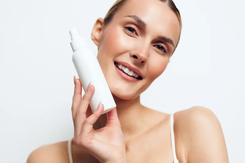 A smiling woman with clear skin holds a white cosmetic bottle near her face against a plain white background. Concept for skincare, beauty, and facial care products.
