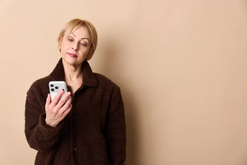 Woman elderly portrait holding smartphone indoors, communication technology, calm expression, beige studio background, using mobile phone, close up shot quietly