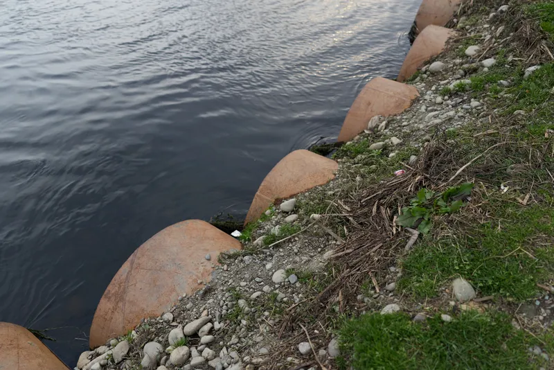 River water along shore with rocks and stones, small grassy bank and pebbles in a natural outdoor landscape, calm scenery for lifestyle travel and ecology awareness, peace and rest