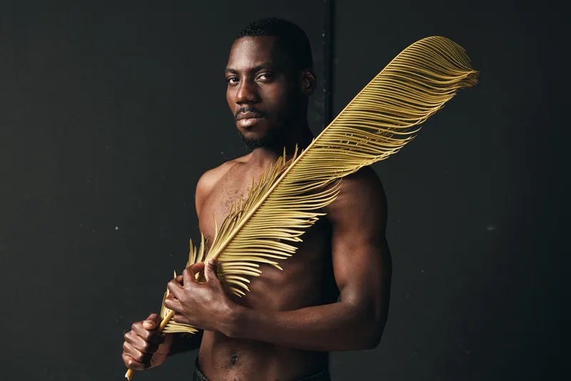 Creative conceptual portrait of African man holding large golden palm leaf with bare torso against dark background in visual artistic style for modern photography series.