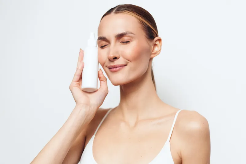 Young woman with clear skin holds white cosmetic bottle near face with closed eyes smiling gently isolated on white background skincare beauty concept.