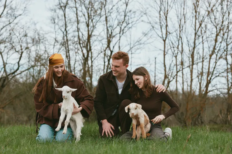 Cheerful family outdoors with goats kids, enjoying a playful moment on a green meadow, warm casual outfits, natural light, candid and relaxed atmosphere