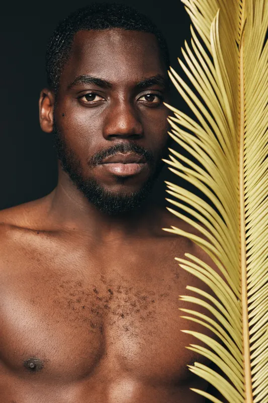 African man with dark skin and bare chest posing with palm leaf in creative conceptual visual style studio portrait with dramatic lighting and natural texture on black background