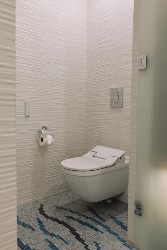 Modern bathroom with a sleek wall mounted toilet, clean lines, and a patterned tile floor, minimal decor and soft lighting for a fresh interior.
