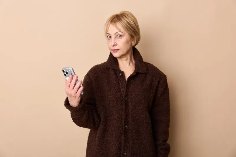 Woman holding smartphone indoors, mature caucasian portrait, wearing dark coat, beige background, thoughtful expression, communication gesture, calm soft studio light