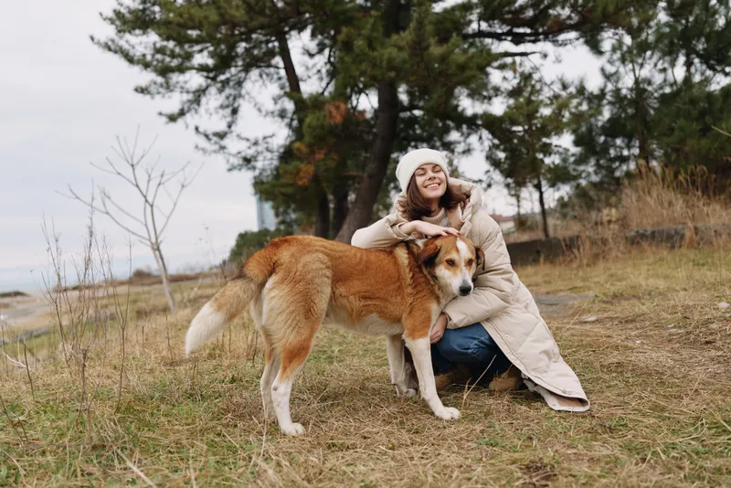 Dog, woman and outdoors in a park setting with a friendly companion moment, kneeling beside a large dog, cozy coat and beanie as they share a warm embrace during a nature walk