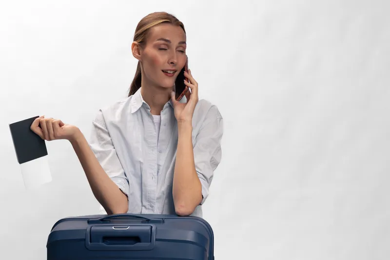 Young woman in casual shirt holding passport and ticket talks on phone while standing behind suitcase. Concept of travel planning, communication, and trip preparation.