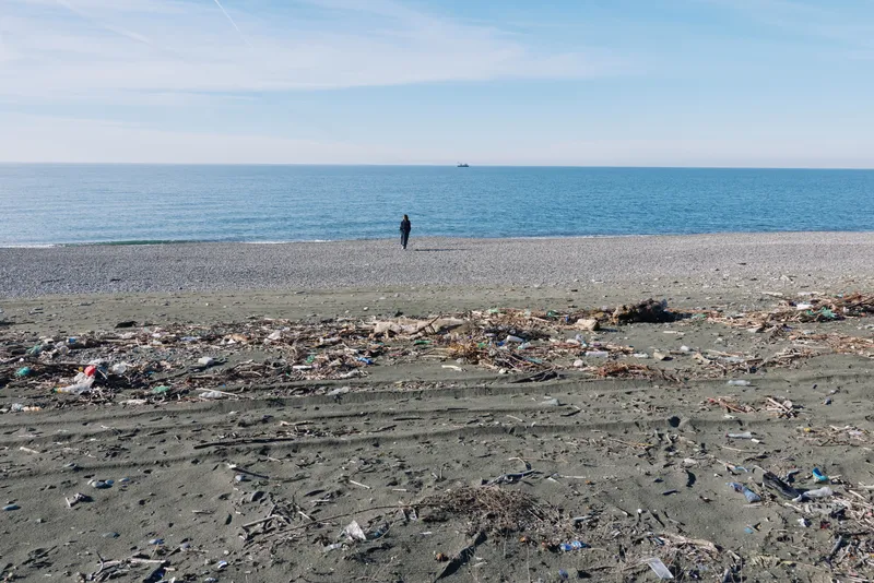 Beach scene with a lone person walking along a littered shoreline, plastic debris on the sand as calm waves meet the horizon under a clear blue sky.