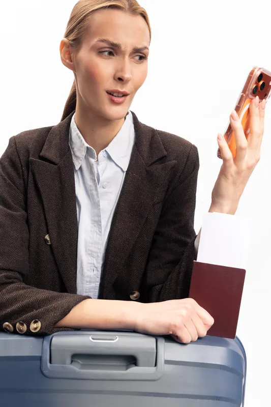 Confused businesswoman holding a smartphone and passport while leaning on a suitcase. Studio shot on white background. Concept of travel issues, frustration, and communication problems.