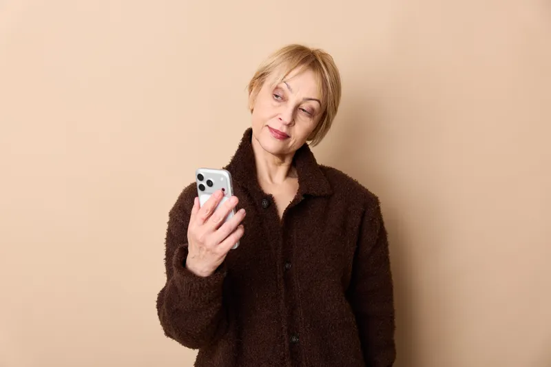 Senior woman portrait indoors, smiling while holding a smartphone, relaxed posture, soft beige background, light, communication technology, casual jacket