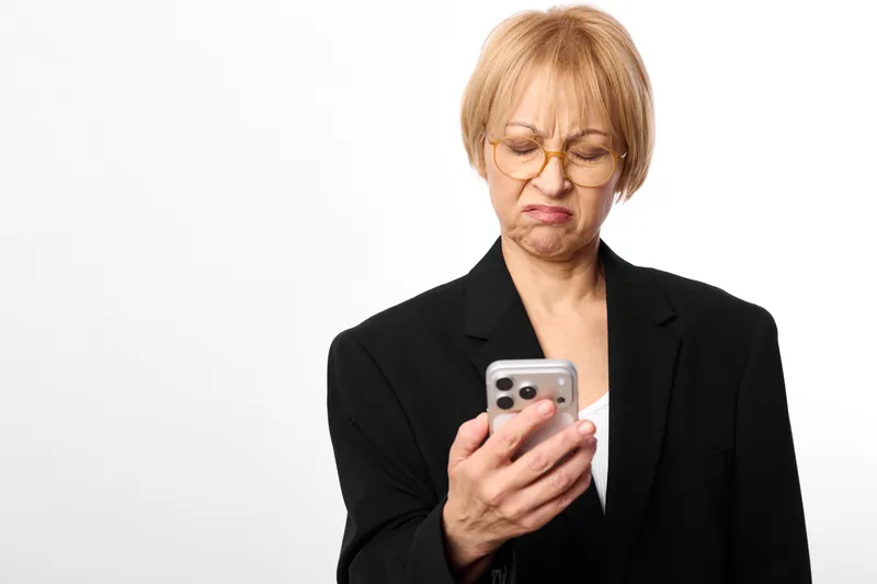 Elderly woman in business suit holds smartphone, eyes closed and worried, showing stress and anxiety while checking messages, studio plain background, concept for digital overload