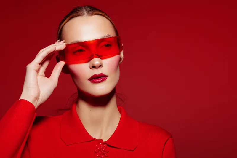 Stylish woman in red sweater and red translucent glasses poses against red background. Fashion portrait with bold makeup and modern accessories. Concept of style, confidence, and color harmony.