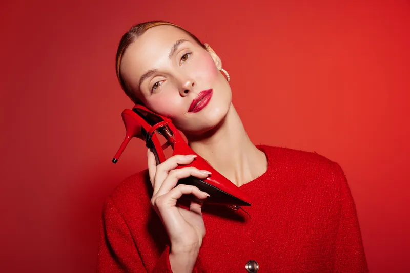 Stylish woman in red sweater holds red high heel shoe near face against red background. Concept of fashion, glamour, beauty, and bold color contrast in studio lighting.