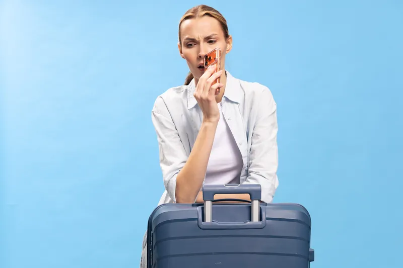 A concerned woman holds a passport and boarding pass while sitting behind a large suitcase on blue background. Concept of travel planning, uncertainty, and airport waiting.