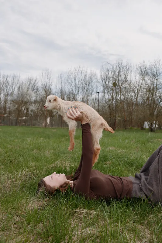 Cheerful outdoor moment with a woman lying on grass, lifting a goat kid, capturing playful bond, warm colors, natural light, relaxed posture, open field, soft breeze, countryside background