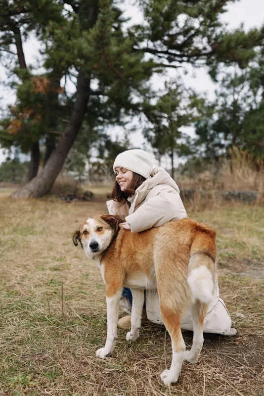 Dog, woman, outdoors, companionship, winter, coat, park, hug, canine, nature in a field with trees and soft light, a tender moment of connection