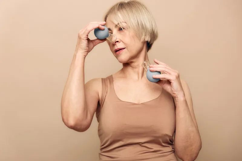 Mature woman with short blonde hair uses silicone facial massage balls for skincare against beige background. Concept of anti aging, wellness, self care, and natural beauty treatment.