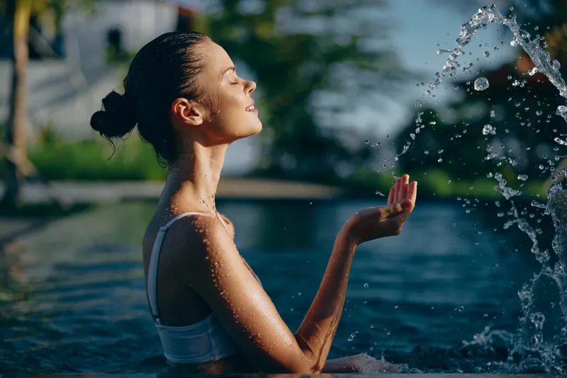 woman pool water fountain summer relaxation lifestyle outdoor leisure swimwear in a sunny scene, a calm, refreshing moment by the water showcasing wellness and carefree leisure by the pool.