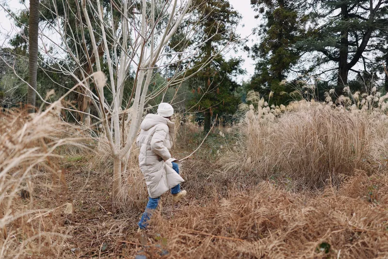 Person walking through a field of dry grass in winter, dressed in a warm coat and boots, moving among tall stalks and bare trees to create a calm outdoor landscape