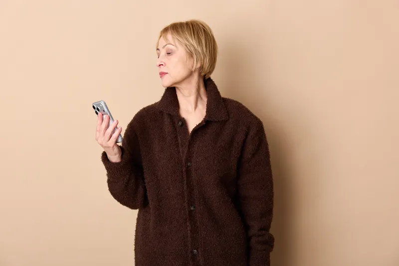 Blonde woman in fur jacket holding a smartphone indoors, using it for communication, neutral beige background, focused expression, soft studio light, calm pose, shallow depth