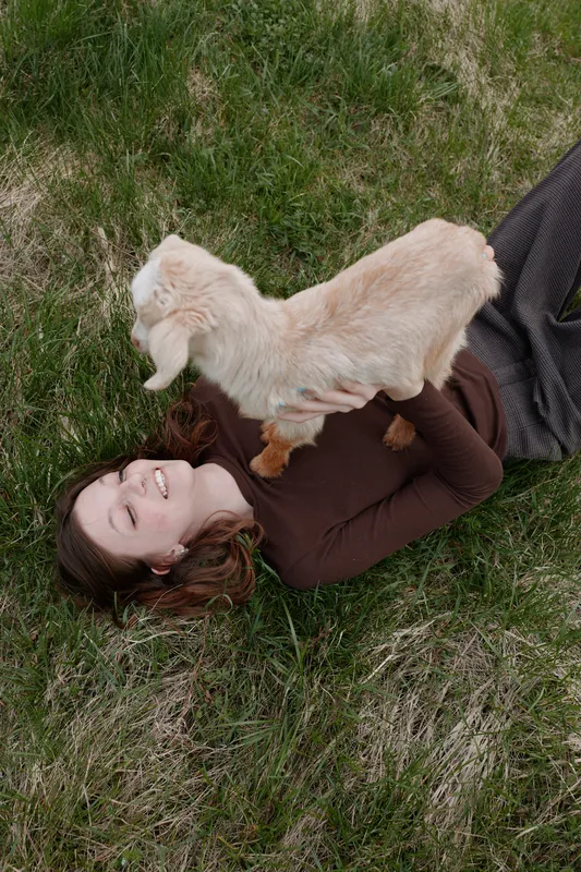 Playful outdoor lifestyle scene shows a woman lying on grass, a fluffy goat kid perched on her chest, both smiling, relaxed, enjoying countryside moment.