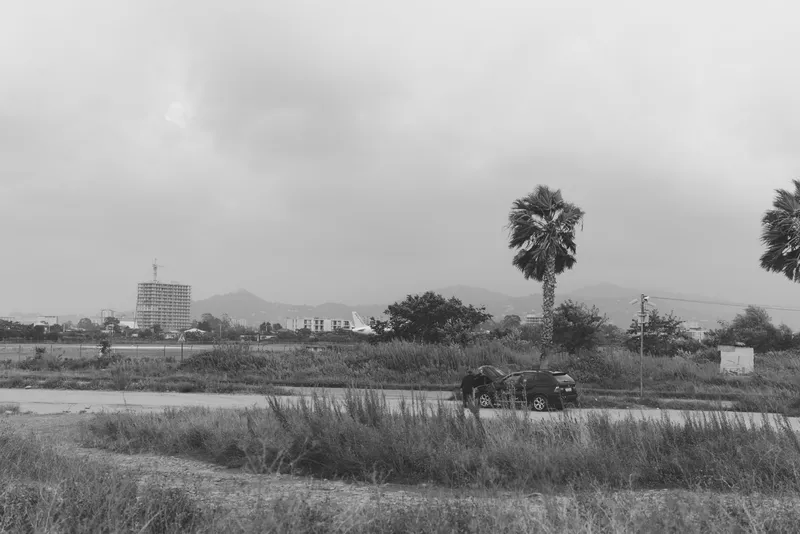 Monochrome landscape with a straight road cutting through open fields, distant car, scattered buildings, tall palm trees, and a cloudy sky, conveying rural travel and quiet infrastructure.