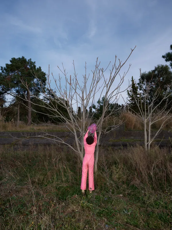 Person in pink jumpsuit reaching toward bare branches in an open field outdoors during daytime, portraying curiosity, growth and nature connection