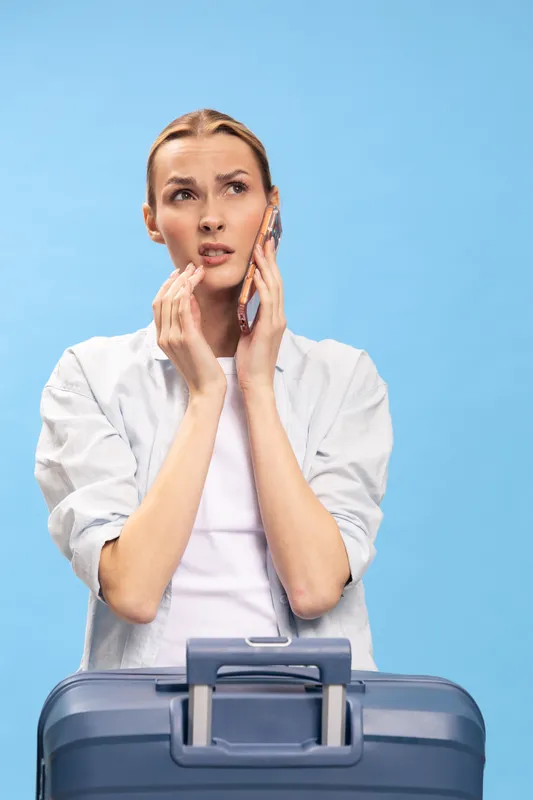 Concerned young woman talks on phone while holding cheek in pain. She stands behind a suitcase on blue background. Concept of travel problems, toothache, and discomfort during trip.