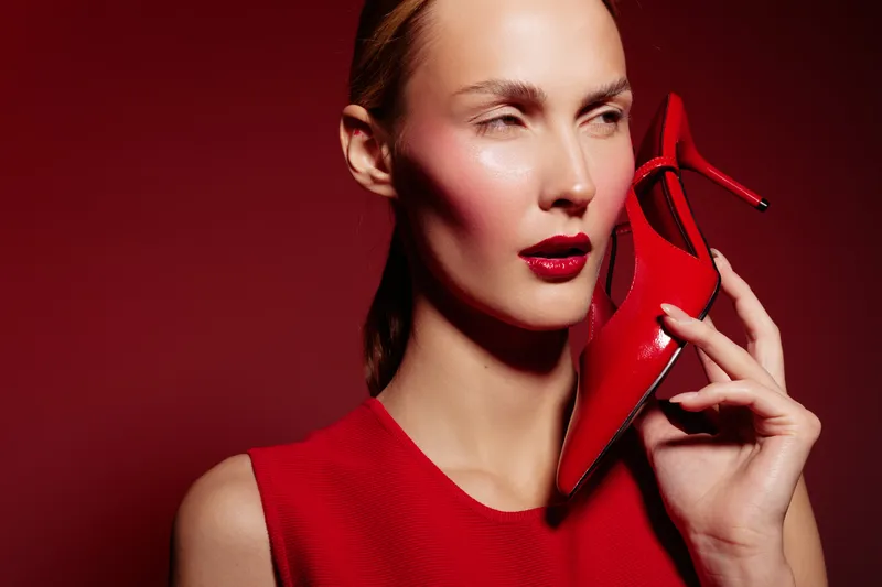 Woman in red dress holds red high heel shoe near face against red background. Fashion concept with bold makeup and stylish accessories in studio lighting for beauty and glamour.
