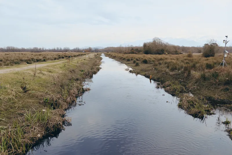 Quiet river in rural countryside landscape with calm water flowing through grassland and shrubs, cloudy sky and distant fields, lifestyle concept for nature outdoors and travel