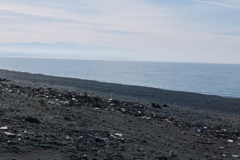 Dark sand beach littered with debris along a rocky shore meets a calm sea under hazy skies, highlighting pollution and environmental impact.