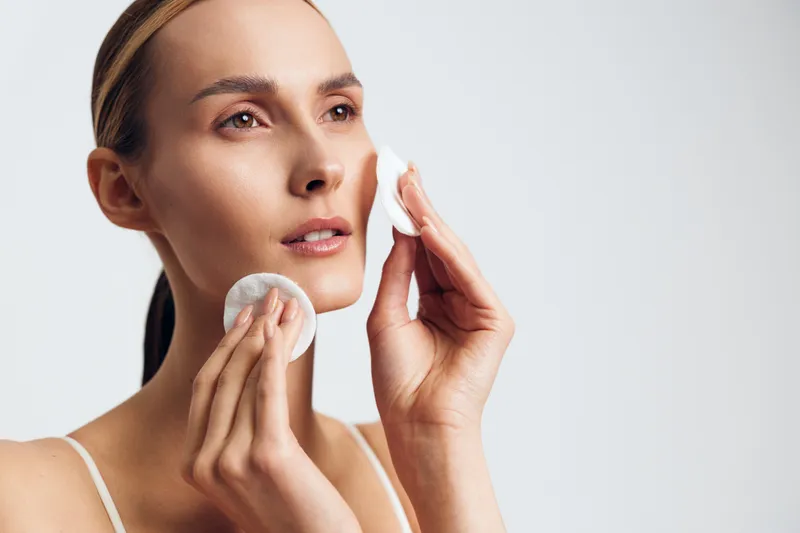 Young woman cleanses her face with cotton pads removes makeup skincare routine natural beauty clear skin isolated on white background closeup portrait.