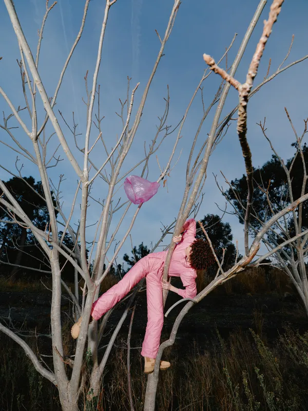 Pink fabric wrapped tree sculpture in a bare branch landscape, an eerie outdoor scene showing unusual art in nature under a clear blue sky and distant fields
