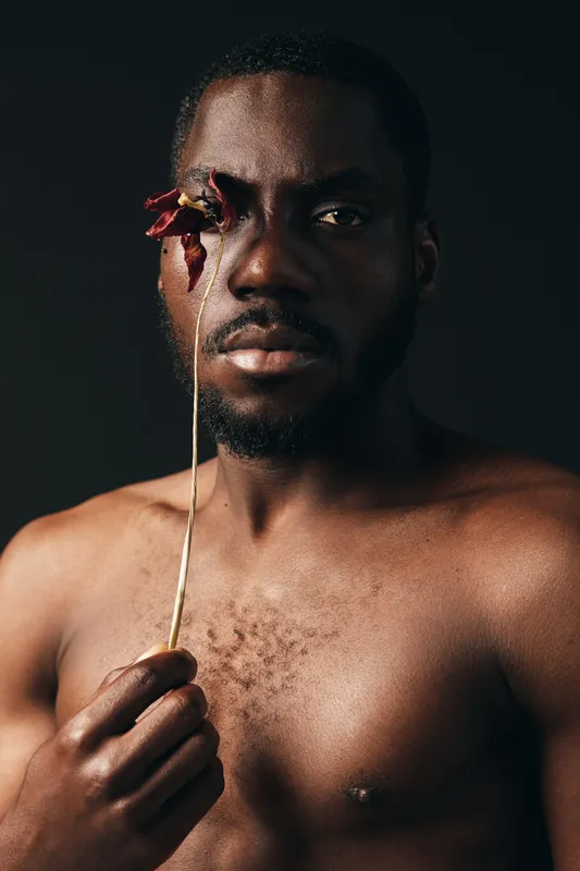 Creative conceptual portrait of African man with dark skin holding dried flower covering one eye in visual artistic style. Bare chest, serious expression and studio lighting on black background.