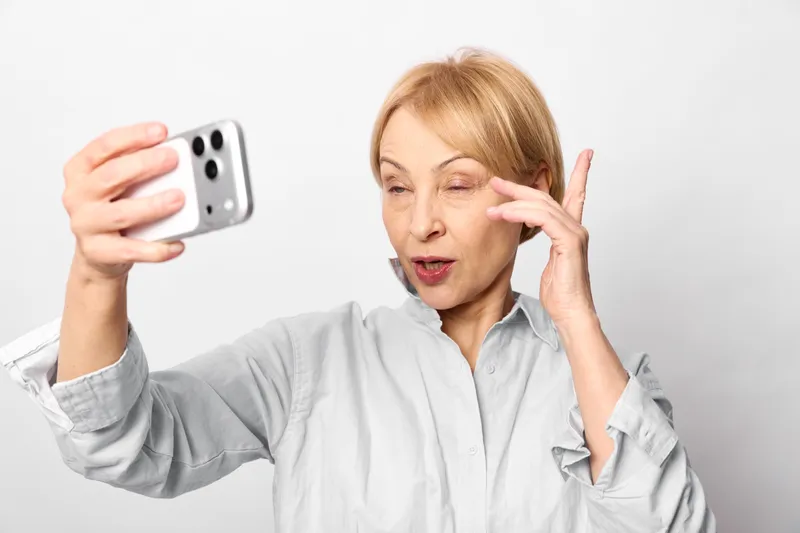 Elderly woman smartphone selfie portrait surprised gesture communication technology mobile indoors studio, holding phone, making hand sign, white background