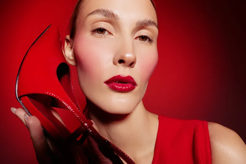 Close-up of a woman with glossy red lips holding a red high heel shoe near her face. The red background and dress create a bold, stylish fashion concept with strong color contrast.