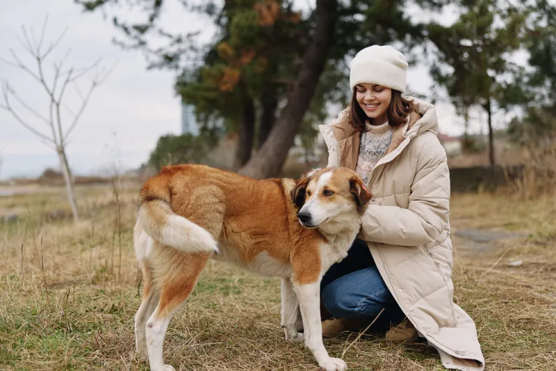 Woman in a winter coat kneels to pet a dog in a park, enjoying calm outdoor moments and natural scenery.