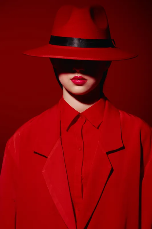 Fashion model wearing vibrant red hat and matching suit with bold red lipstick posing against red background. Concept of vibrant beauty, style, and fashion creativity.
