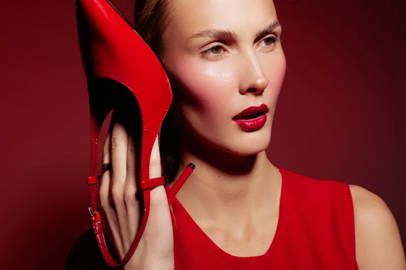 Close-up of a stylish woman in red dress holding a red high heel shoe near her face against a red background. Concept of fashion, beauty, elegance, and glamour.